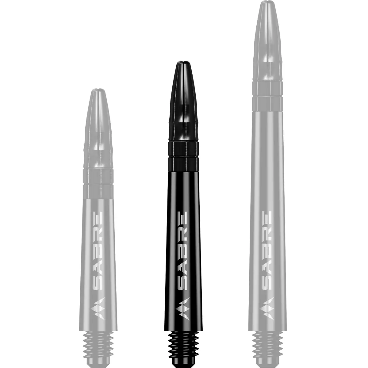 Mission Sabre Dart-Schaft in Schwarz-Schwarz, Größe Midi. Intermediate-Länge im Stealth-Look für ein professionelles Darts-Setup.