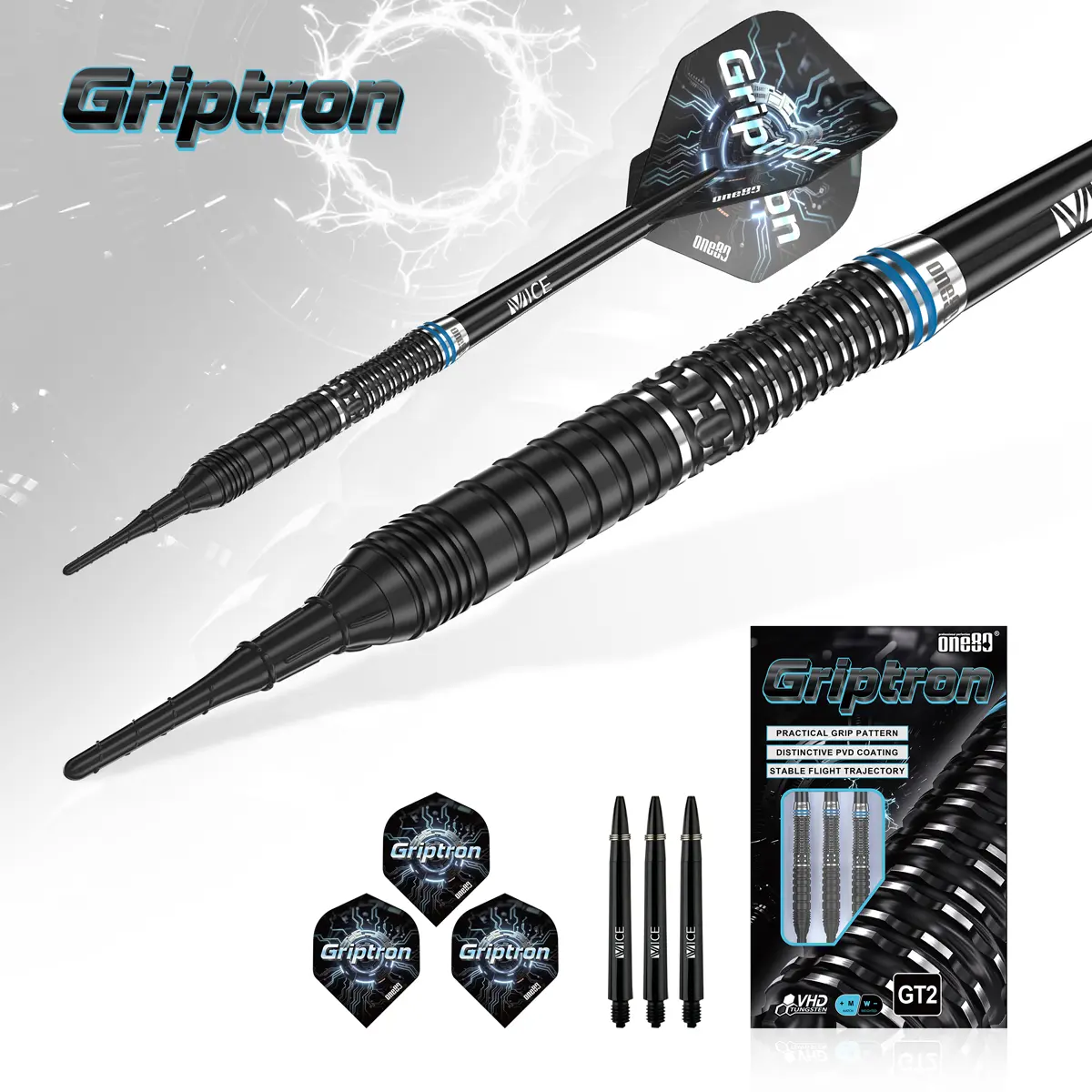 One80 Griptron GT2 Softdarts Set mit Originalverpackung, Flights und Shafts