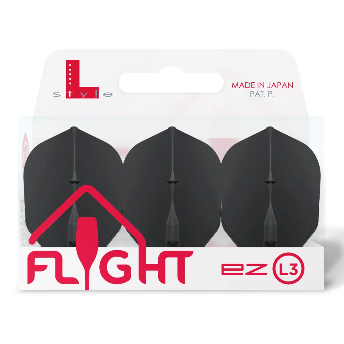 Originalverpackung der L-Style EZ L3 Shape Flights in Schwarz. Ein Satz enthält 3 Stück der langlebigen japanischen Profi-Flights.