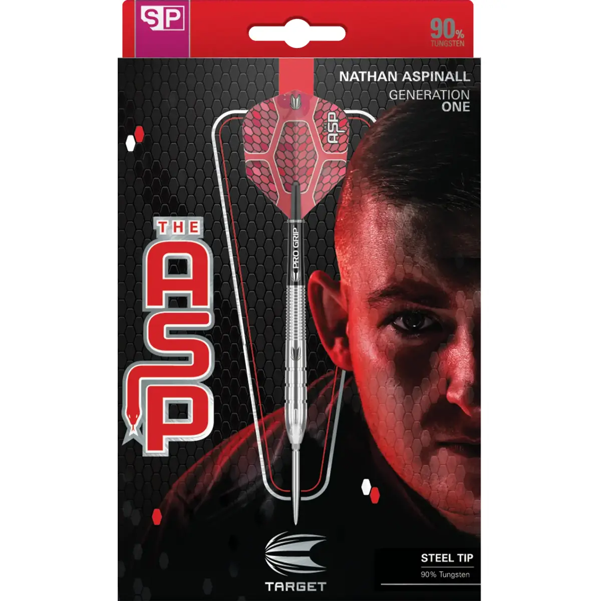 Verpackung der Target Nathan Aspinall Gen1 Steeldarts mit Spielerporträt und ASP Flights