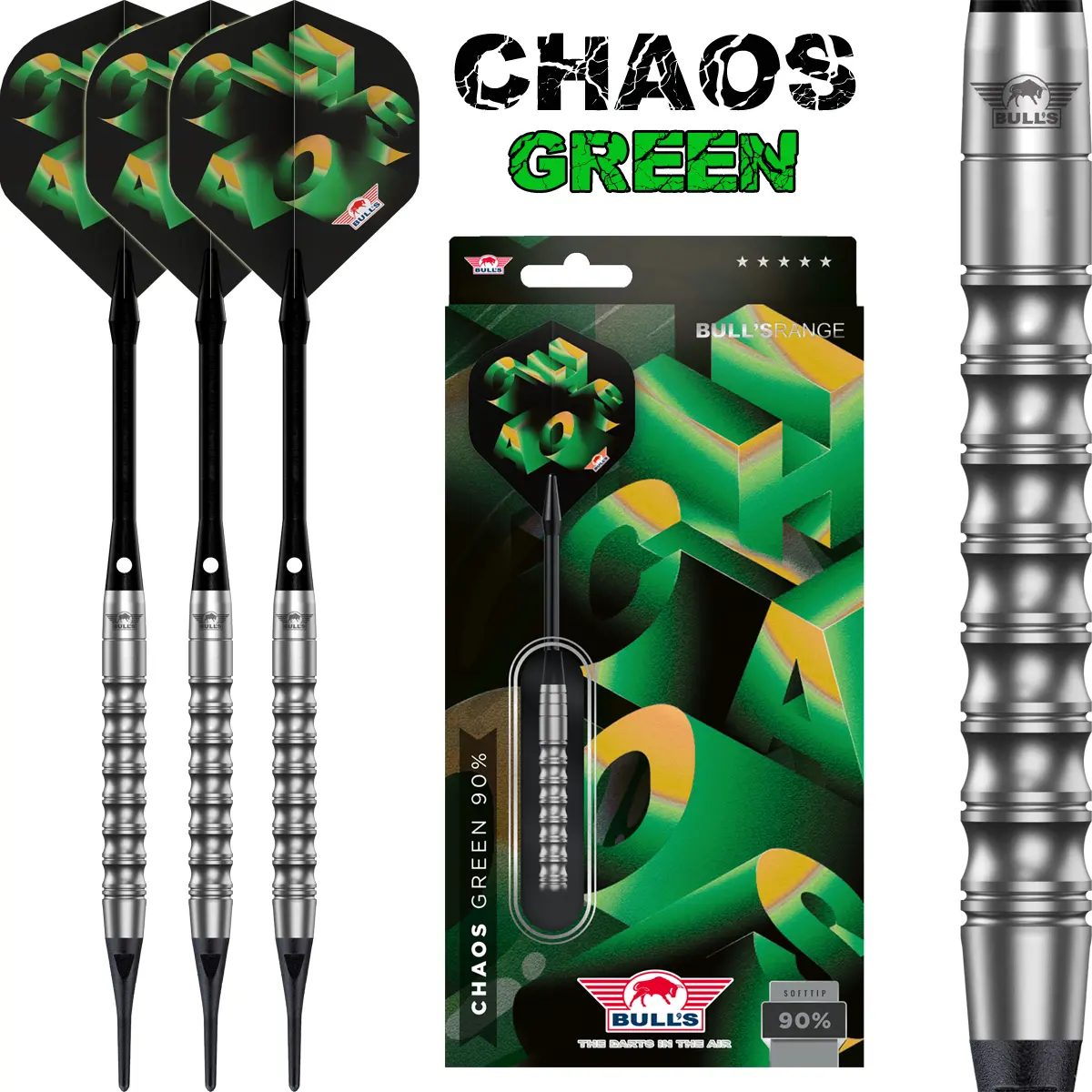 Bull's NL Chaos Green Softdarts 90% Tungsten – komplettes 3er Set mit Verpackung