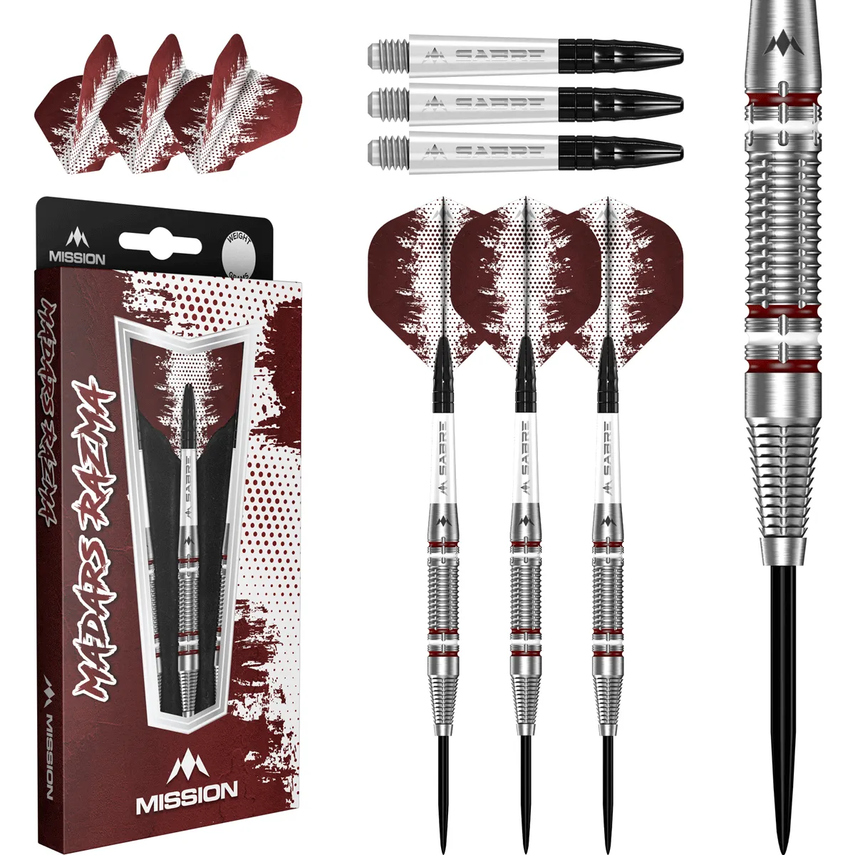 Mission Madars Razma Steeldarts Set mit Flights, Sabre Shafts und Verpackung