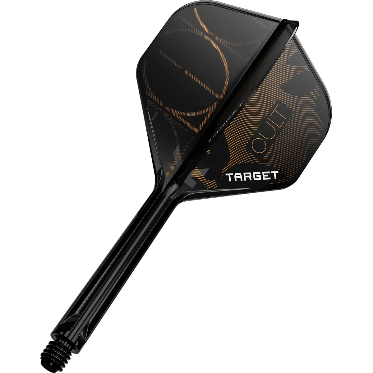 Target K-Flex Cult No.2 Flights – dynamische Ansicht mit schwarzem Schaft und Gold-Design