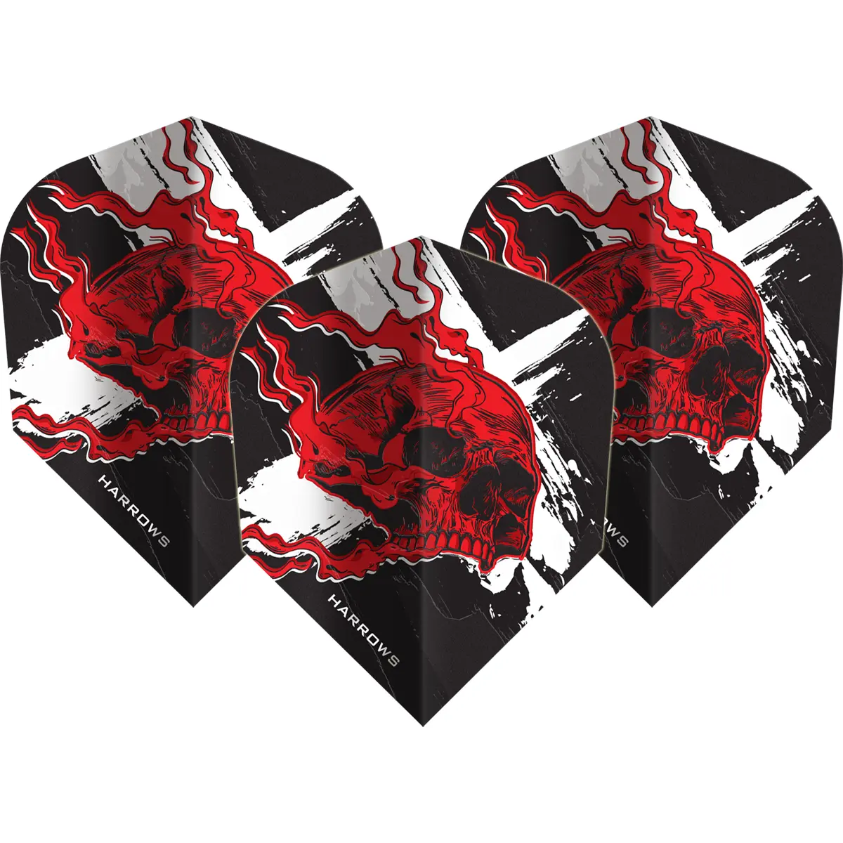 Harrows Ryan Searle Heavy Metal Flights 3er-Set mit Totenkopf-Design in Schwarz-Rot-Weiß