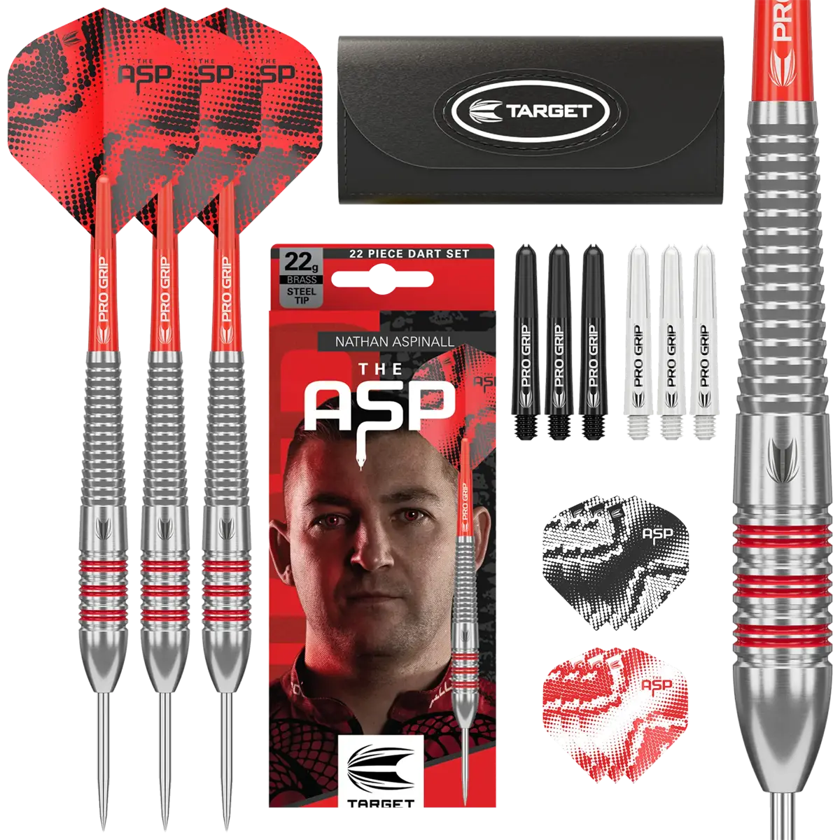Target Nathan Aspinall Brass Steeldarts 22g Komplettset mit Darts, Pro Grip Shafts, Asp Flights, Tasche und Verpackung