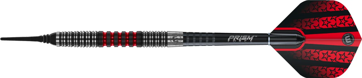Kompletter Winmau Joe Cullen Softdart mit schwarzem Schaft und rot-schwarzem Prism Alpha Flight.