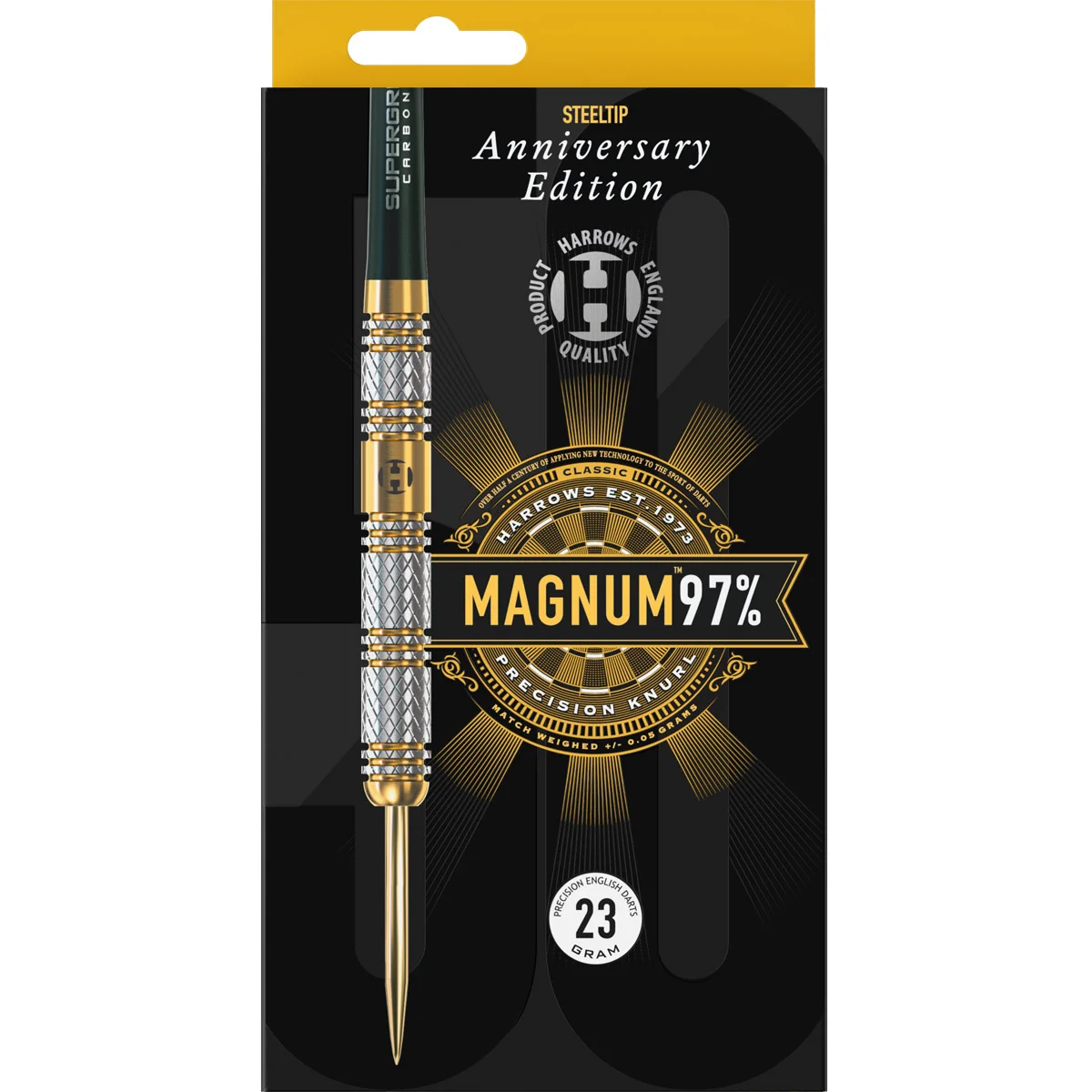 Harrows Magnum 97% Steeldarts Verpackung der Anniversary Edition mit schlankem Barrel und Gold-TiN-Beschichtung
