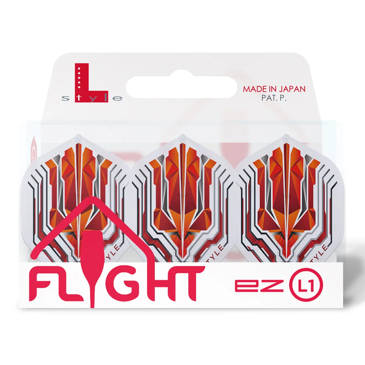 Original-Verkaufsverpackung der L-Style Origin EZ L1 Dart Flights in Rot; 3er Set in der L1 Standard Form mit dem integrierten EZ-System für werkzeuglose Montage.