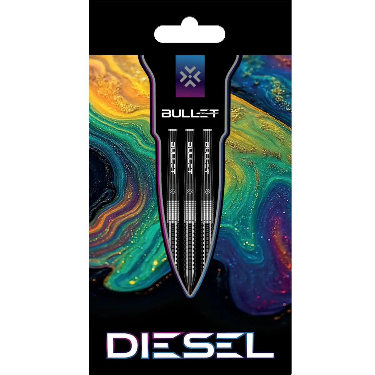 Bullet Diesel Steeldarts 90% Tungsten in Verpackung mit buntem Artwork
