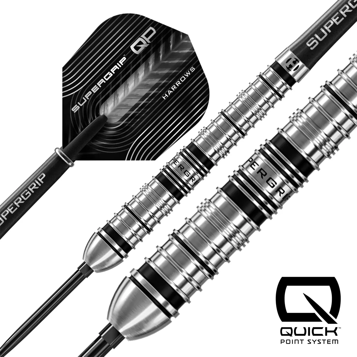 Harrows Supergrip Quick Point Steeldarts mit Supergrip Shafts und QP Flights in dynamischer Nahaufnahme