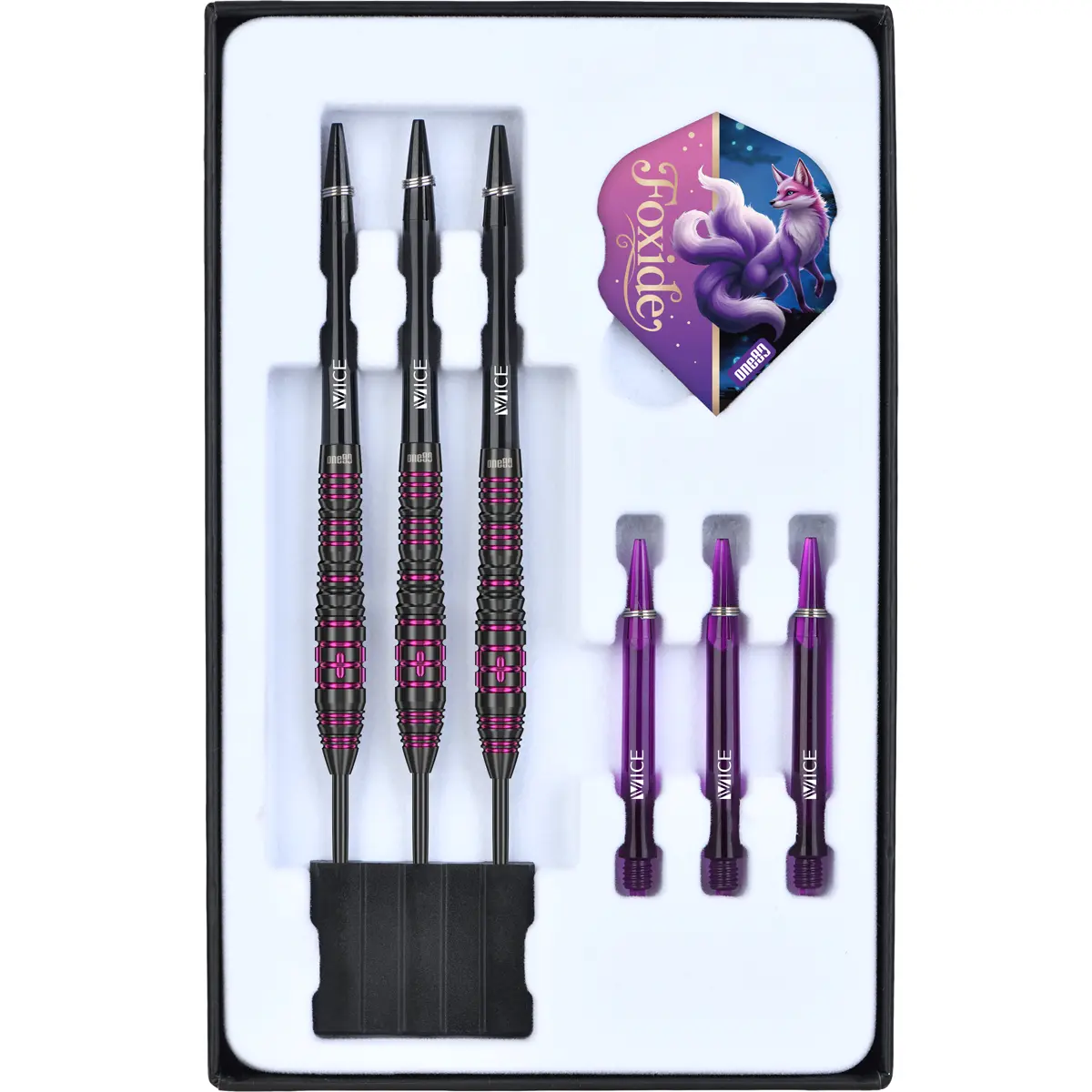 Lieferumfang der One80 Foxide F4 Steeldarts mit Barrels, Vice Shafts, Flights und Steeldartspitzen