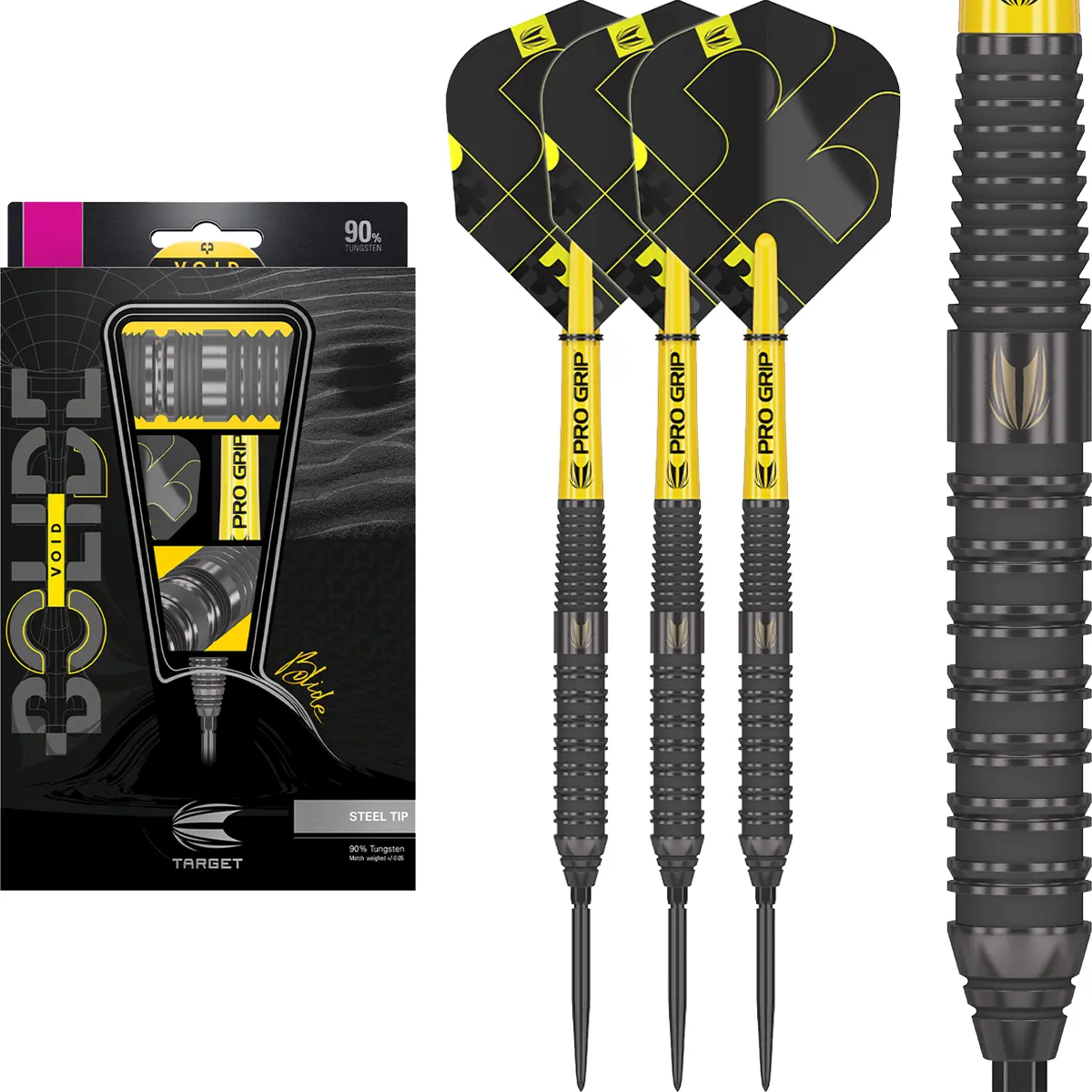 Target Bolide Void 02 Steeldarts Komplettset mit schwarzen Barrels, Swiss Points, Shafts und Pro Ultra Flights.