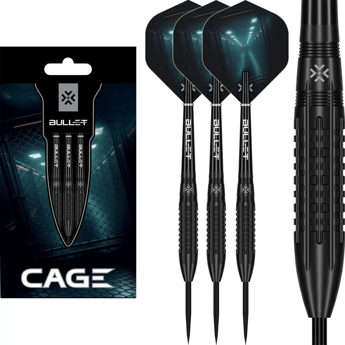 Bullet Cage Steeldarts mit Verpackung und komplett montierten Darts als Produktbild