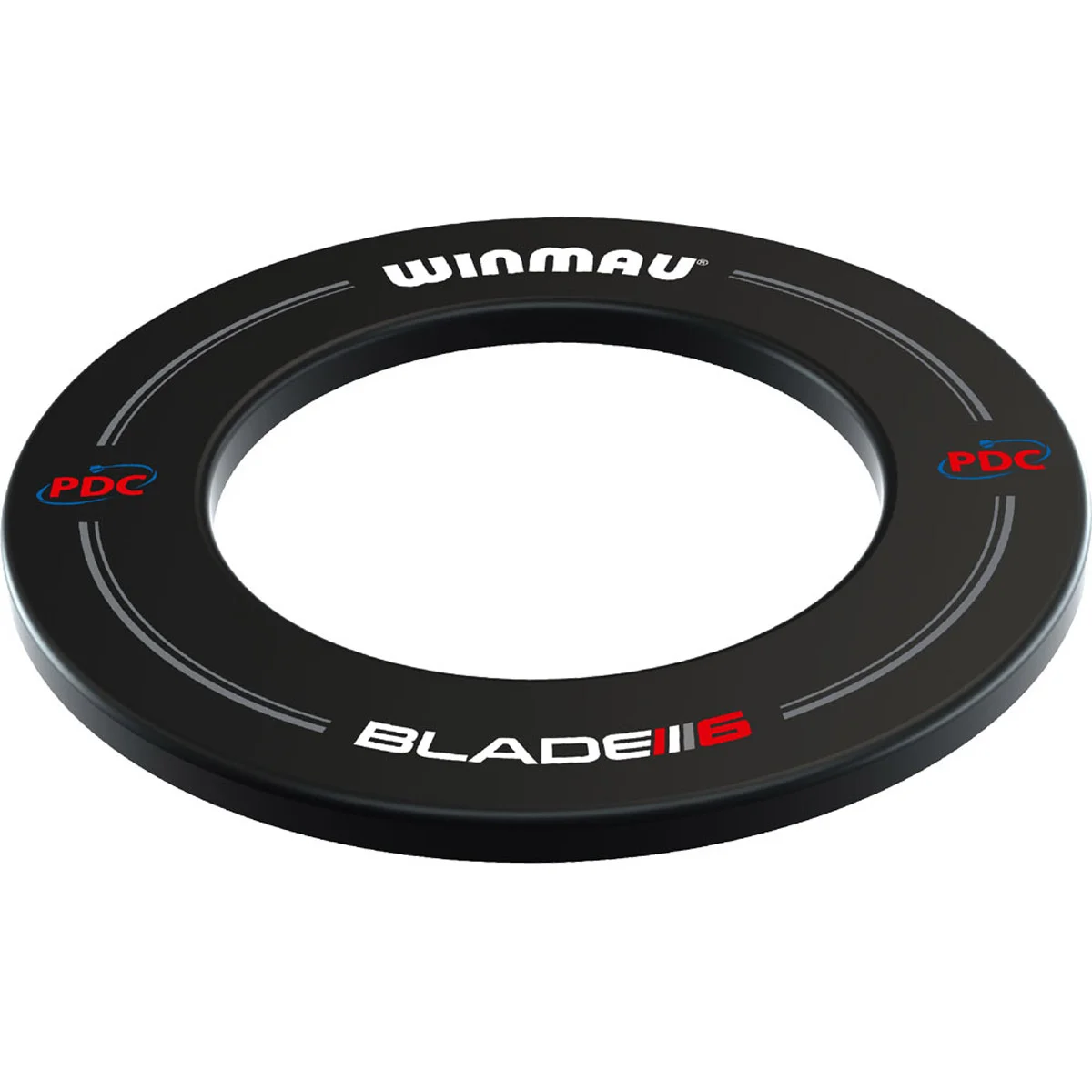 Winmau PDC Dartboard Surround in Schwarz – flache Frontansicht mit Blade 6 und PDC Logo