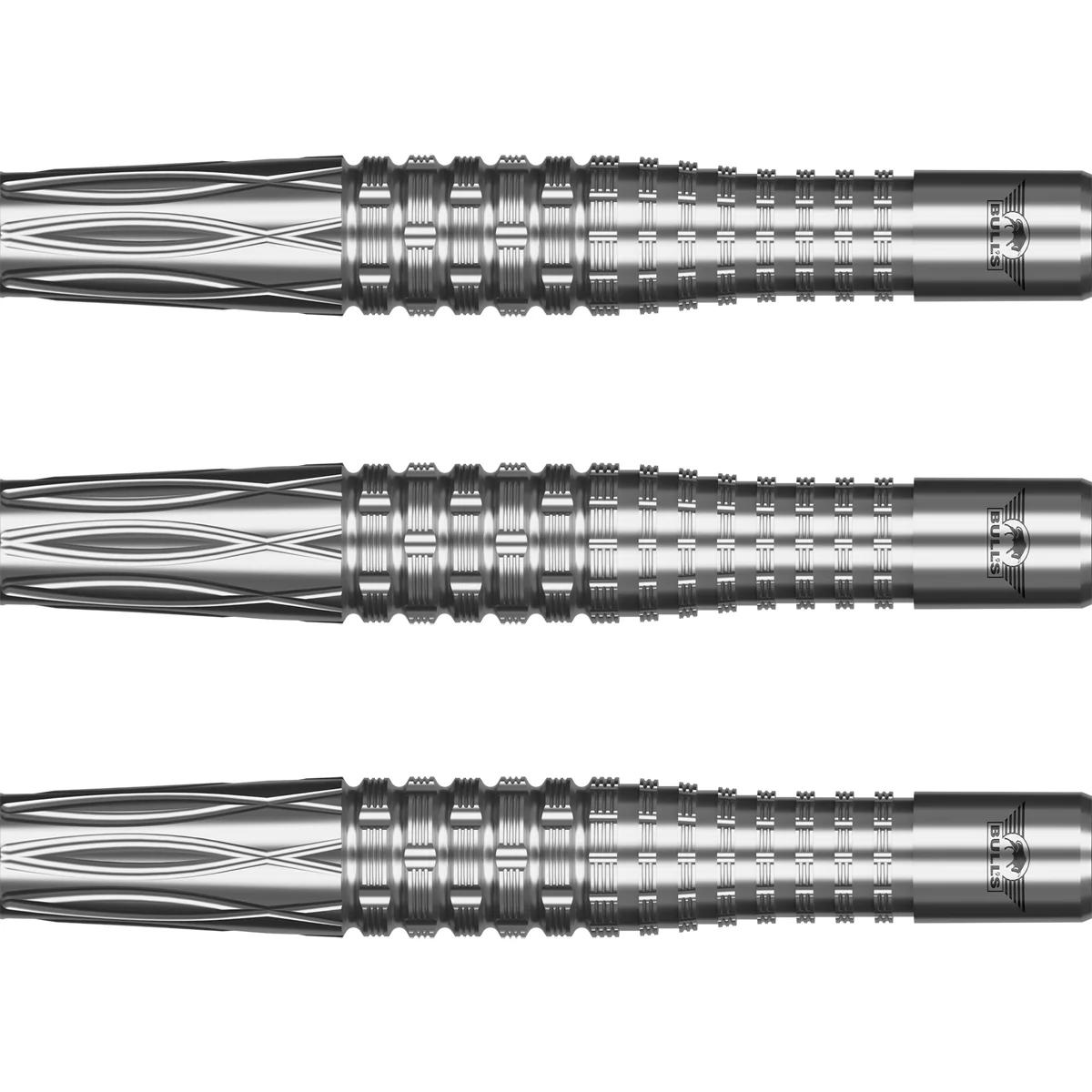 Gripstruktur der Bull's NL Smoke Silver Ash Softdarts mit präzisen Rillen im Tungsten Barrel