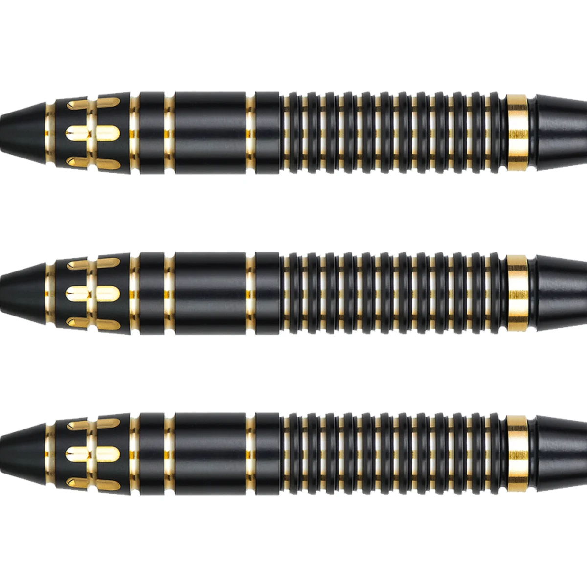 Nahaufnahme der One80 Mobilizer 01 Steeldart-Barrels mit Ringgrip und goldenen Zierfräsungen