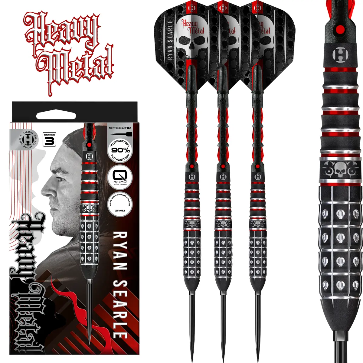 Harrows Ryan Searle Series 3 Quick Point Steeldarts mit 90 Prozent Tungsten und Heavy Metal Design
