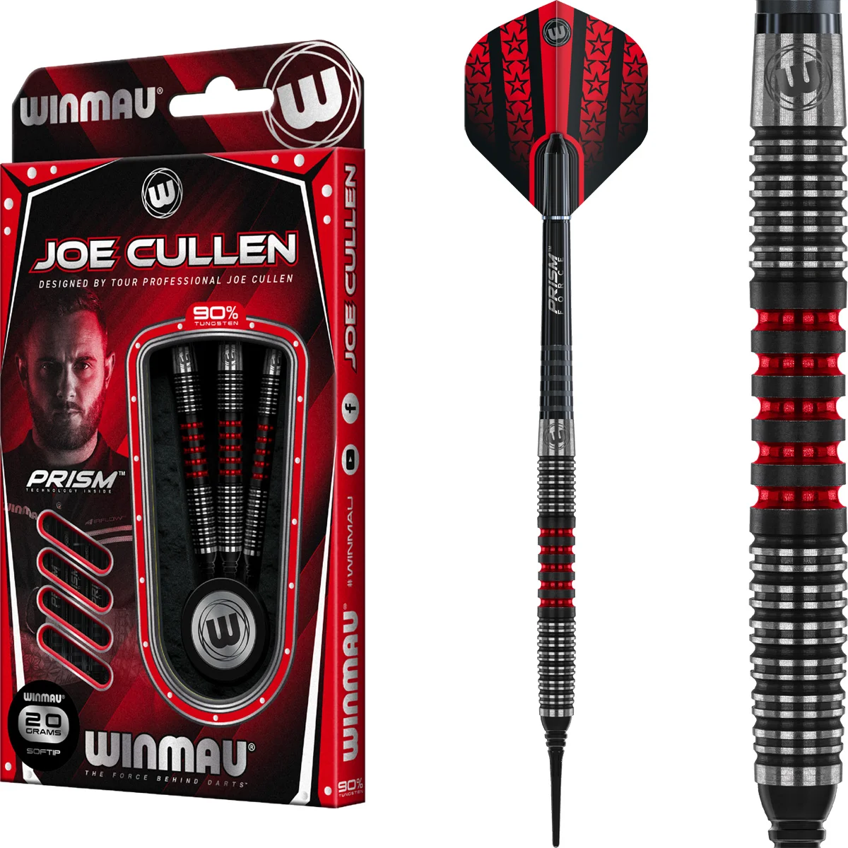 Winmau Joe Cullen Softdarts als Komplettdart mit Verpackung dargestellt.
