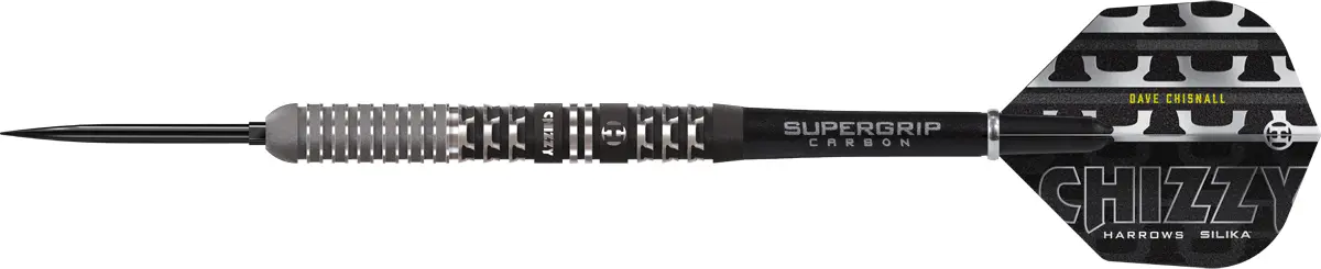 Seitenansicht der Harrows Chisnall Series 4 Steeldarts – paralleles 90 % Tungsten-Barrel, sandblasted Grip, Geo-Milling am Heck