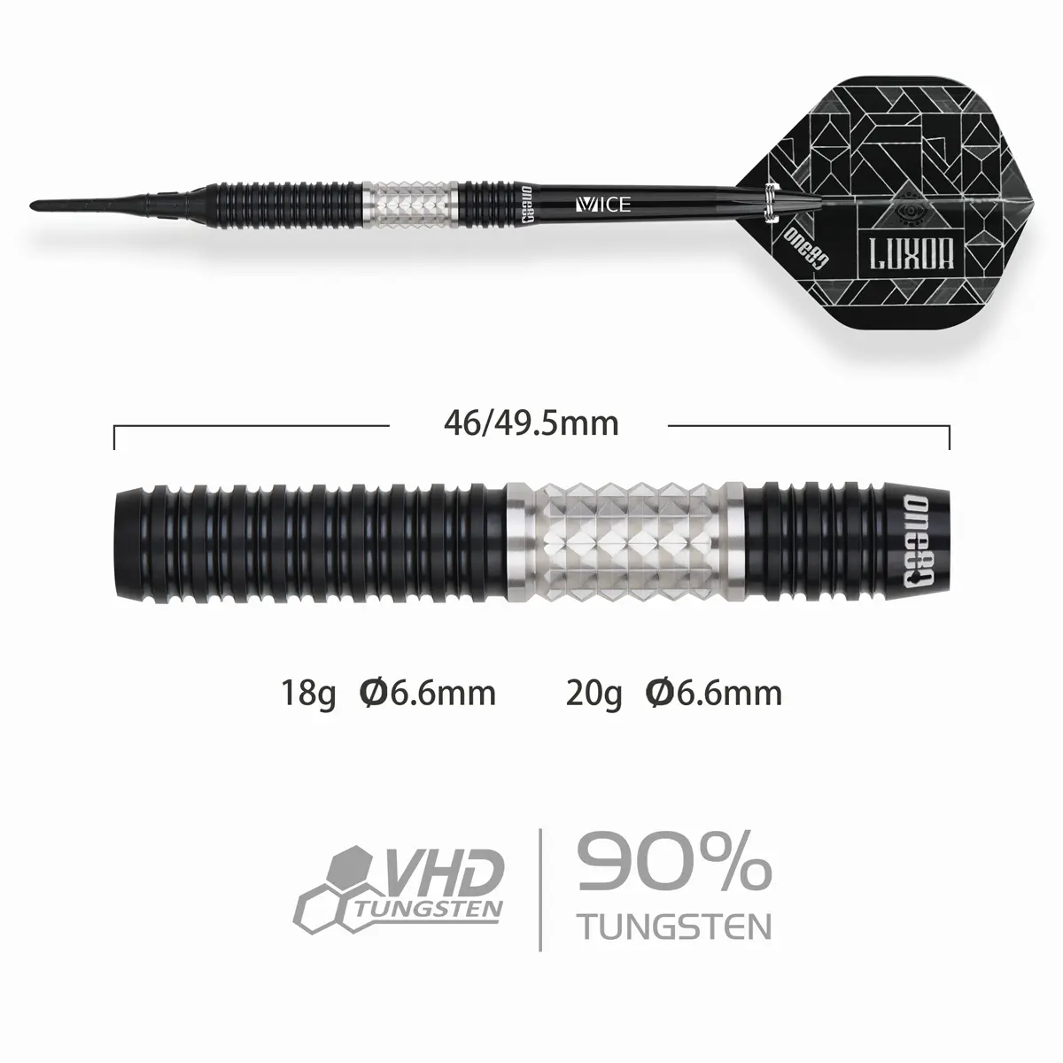 One80 Luxor II Iota Softdart Barrel-Details mit Diamond-Grip und Ringfräsungen