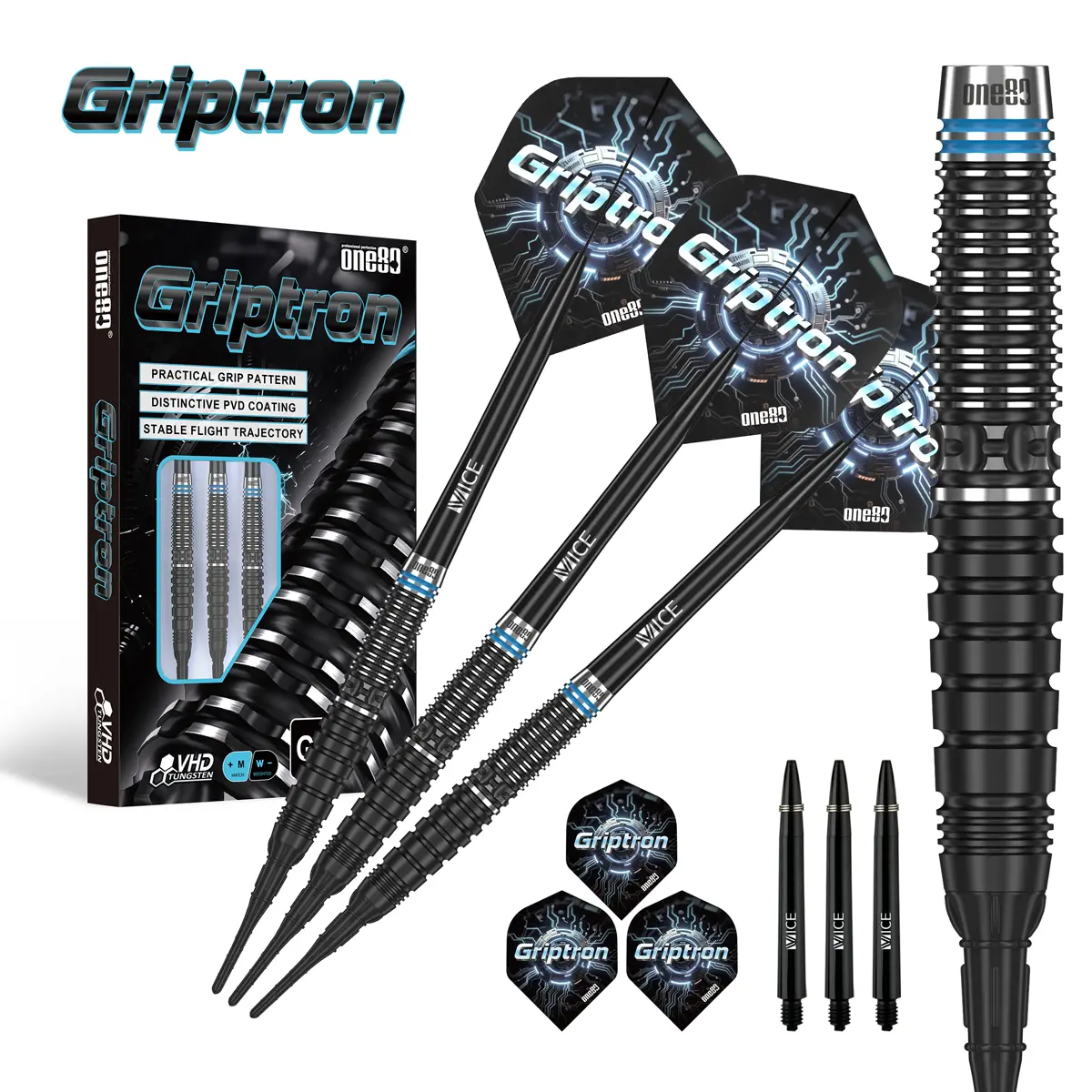 Detailansicht des One80 Griptron GT1 Softdart Barrels mit zwei Gripzonen, Ringgrip und schwarzer PVD-Beschichtung