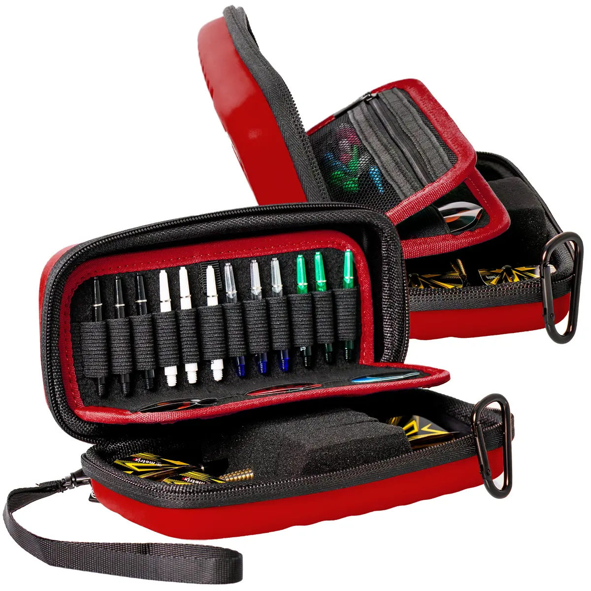 Bull's Orbis S Darttasche in Rot – Nahaufnahme des Zubehörbereichs mit Reißverschlussfach