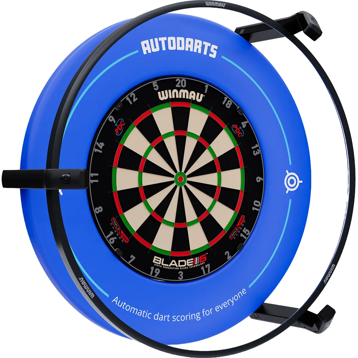 Autodarts Vantage 360 Grad Autoscoring System mit drei Kameraarmen am Steeldartboard
