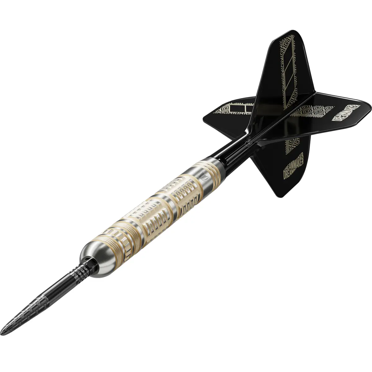 Target Dimitri Van den Bergh 95K Swiss Point Steeldart in dynamischer Ansicht mit schwarzem Flight