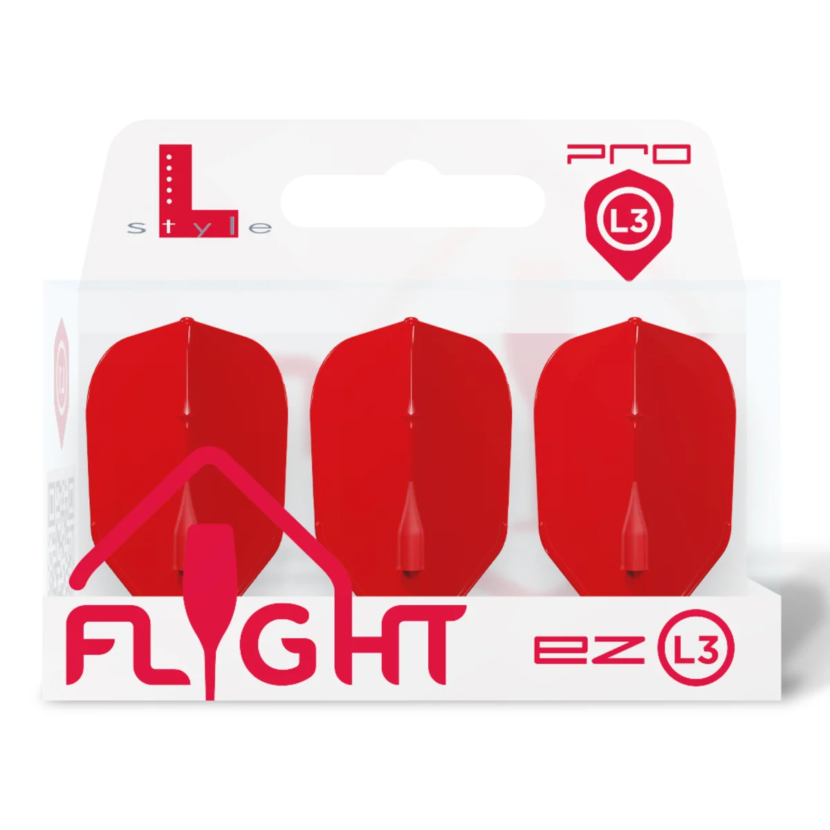Originalverpackte rote L-Style EZ L3 Shape Flights (3er Set). Das All-in-One System für Dartspieler, die Wert auf Tradition und moderne Technik legen.