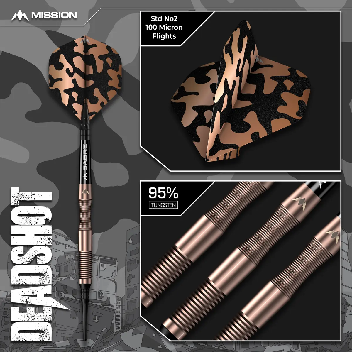 Detaillierte Produktdarstellung der Mission Dead Shot Softdarts mit 95 % Tungsten und Camouflage-Flights