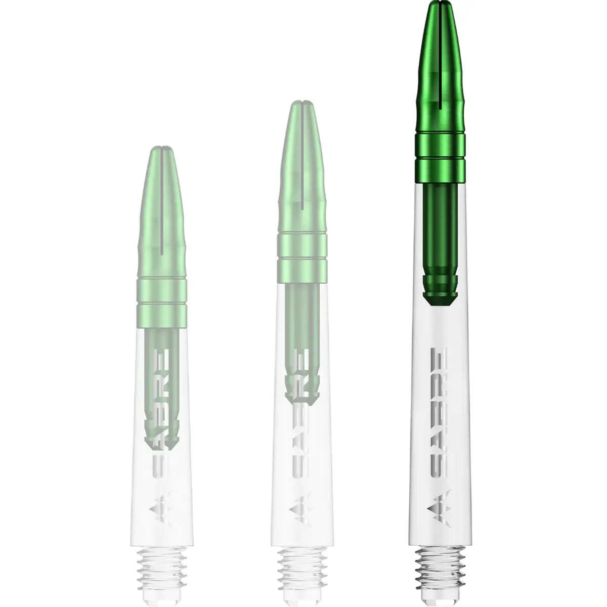Mission Sabre Dart-Schaft in Klar-Grün, Größe Medium. Langer transparenter Schaft mit grünem Aluminium-Top für eine ruhige Flugbahn und maximale Präzision.