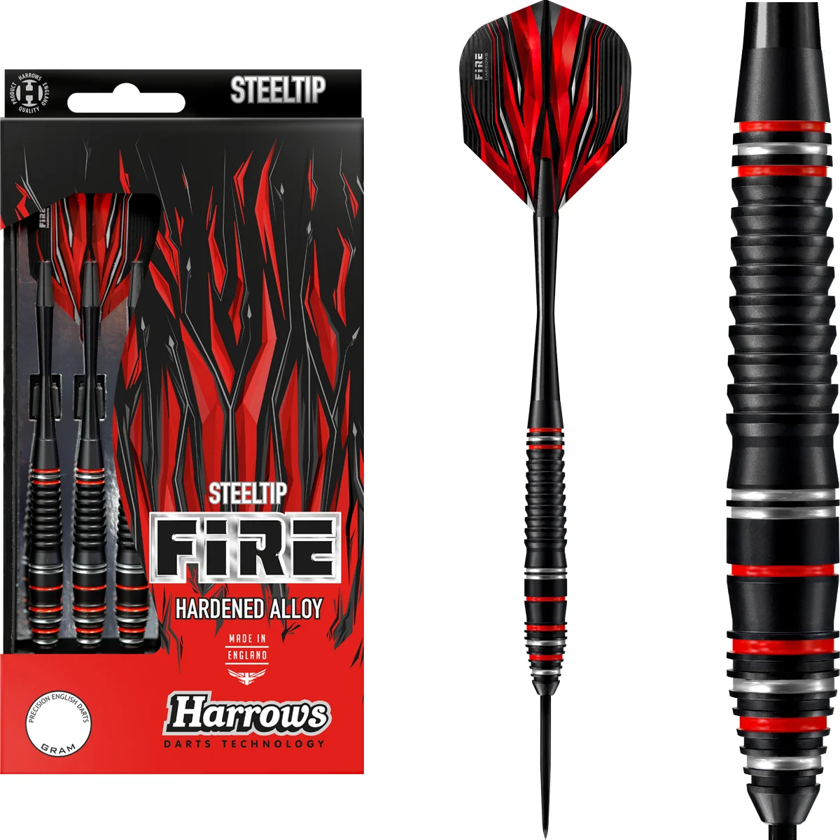 Harrows Fire High Grade Alloy Steeldarts Set in Schwarz mit roten Flights