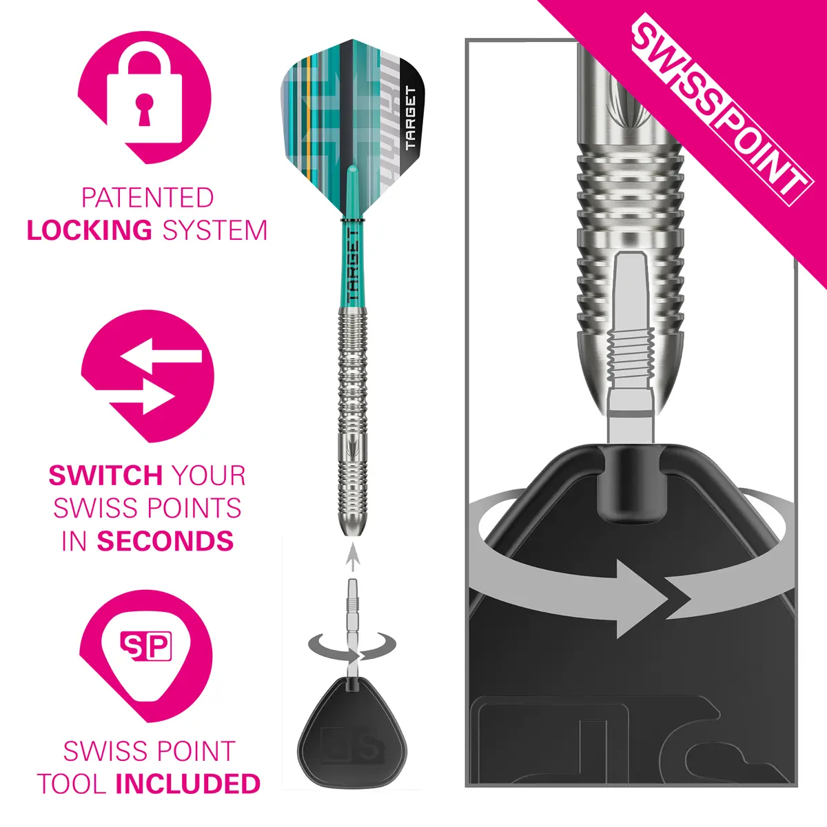 Target Hydro 01 Swiss Point Steeldarts mit patentiertem Swiss Point System – einfacher Spitzenwechsel