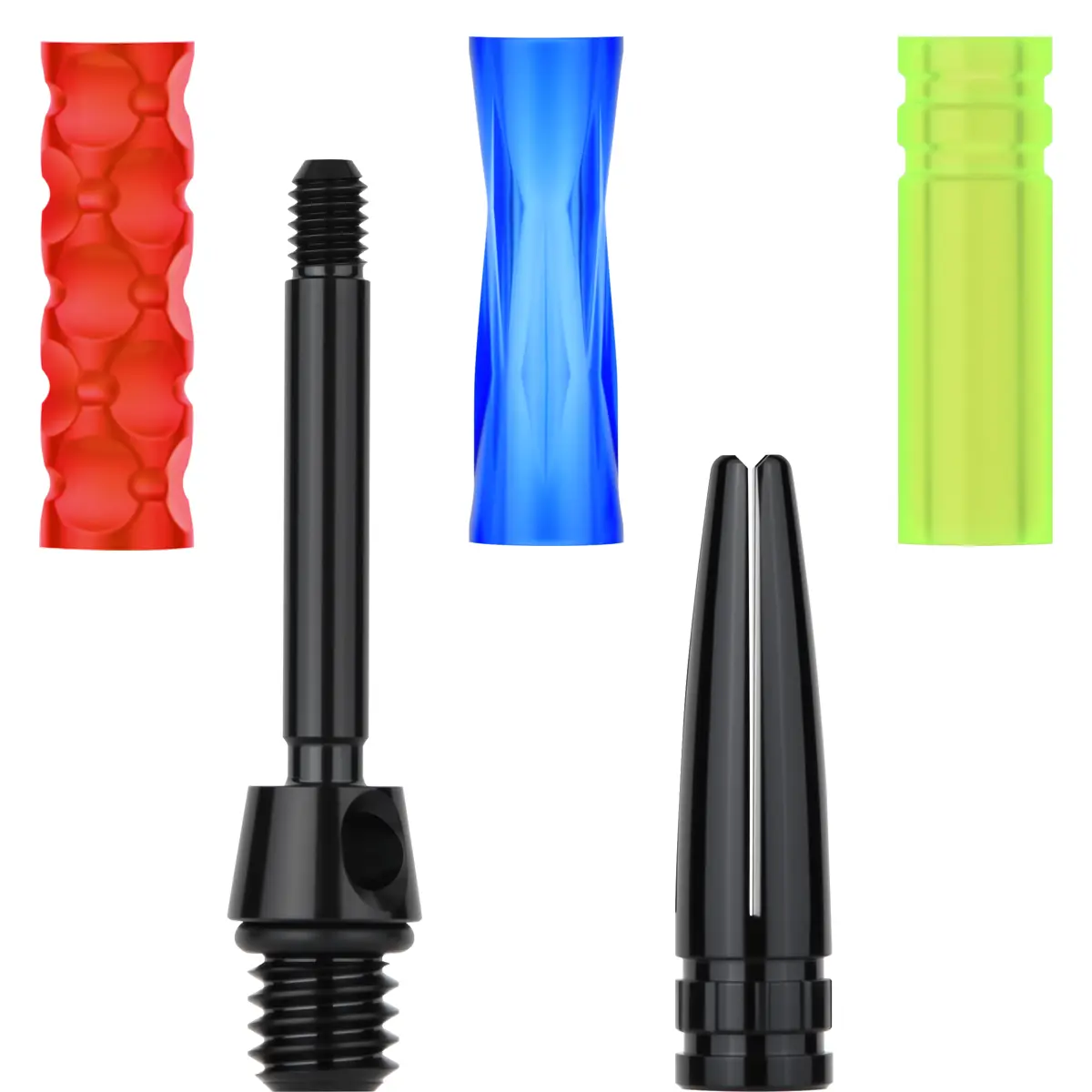 Einzelteile des One80 TiroFlexPro Dart Shaft Systems mit Titanbasis PVC Tubes und Aluminium Flightkopf