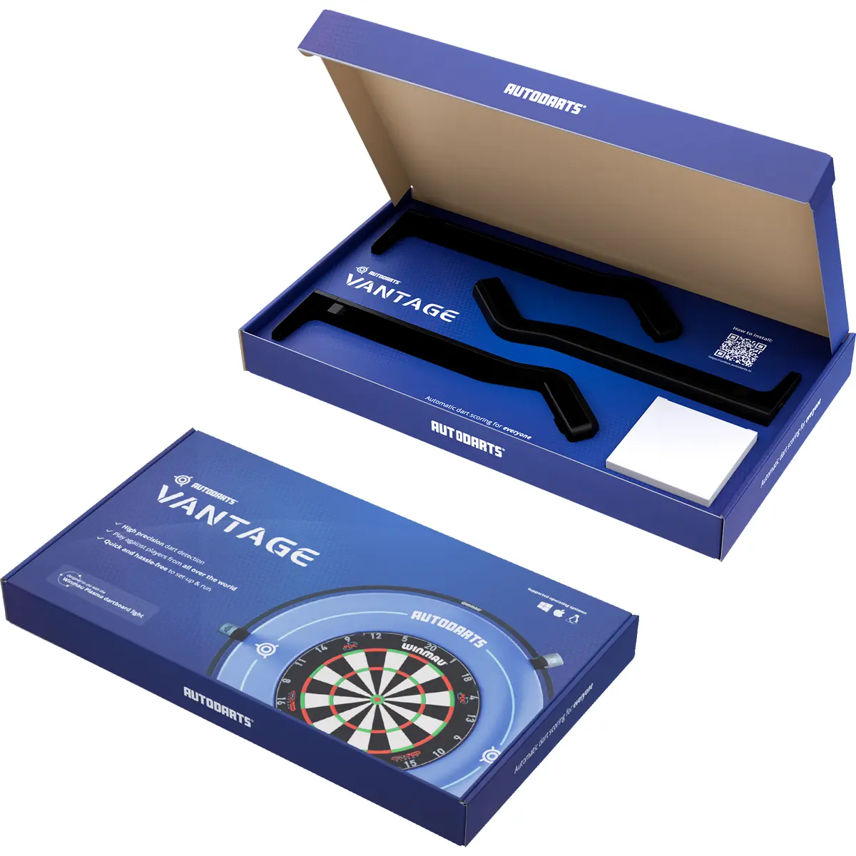 Autodarts Vantage Lieferumfang mit 3 Kameraarmen, 3-zu-1 USB-Kabel und Originalverpackung