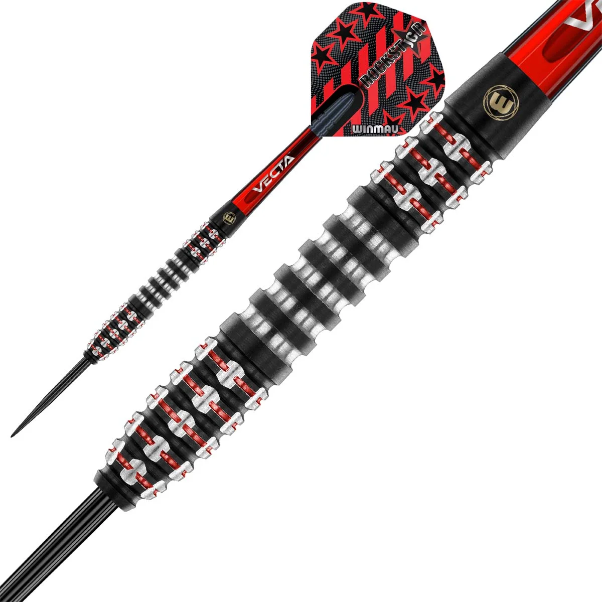 Winmau Joe Cullen Ignition Steeldart – Barrel Detail mit Ringgrip, roten Highlights und Rockstar Flight