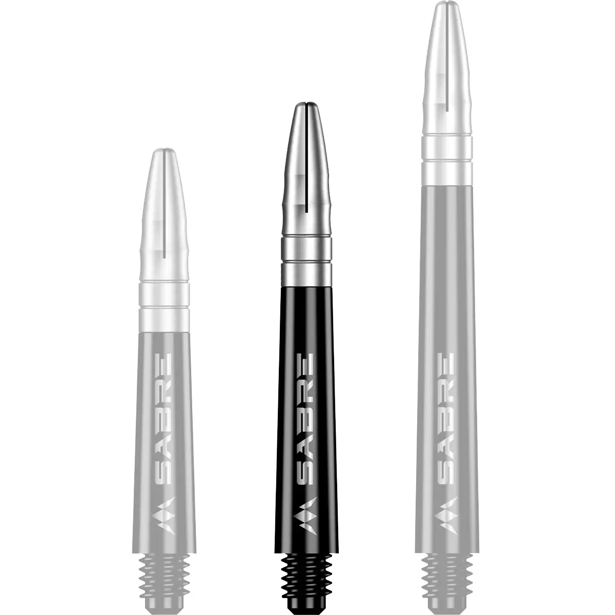 Mission Sabre Dart-Schaft in Schwarz-Silber, Größe Midi. Die Intermediate-Länge kombiniert einen schwarzen Body mit einem glänzenden silbernen Top.