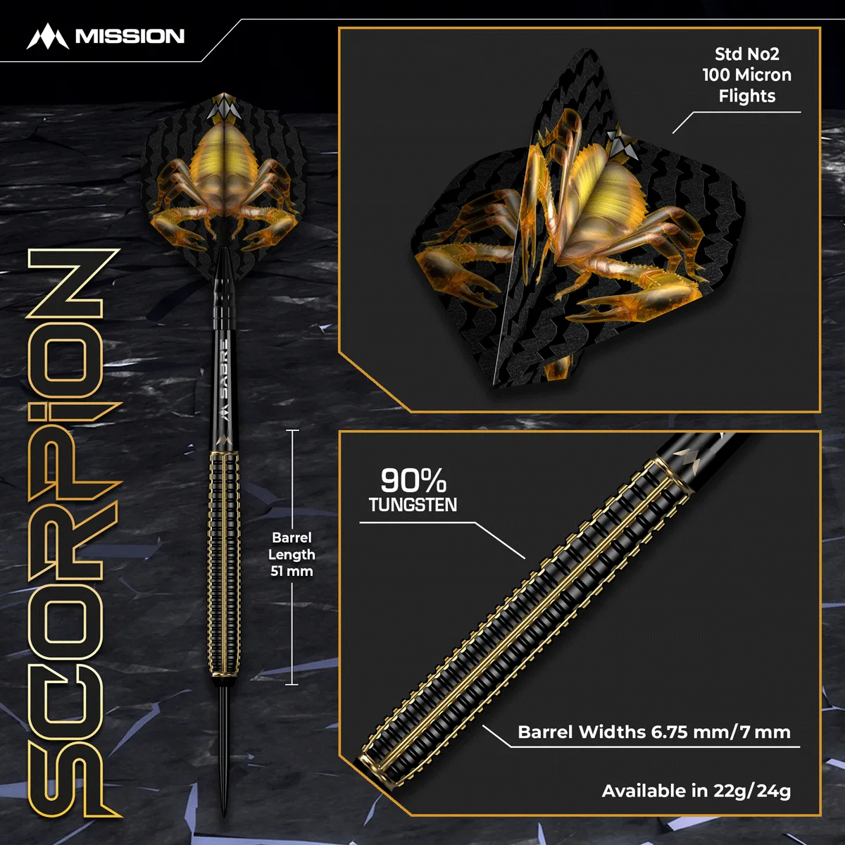 Mission Scorpion Steeldarts Banner mit 90 % Tungsten, Barrelmaßen und Scorpion Flights