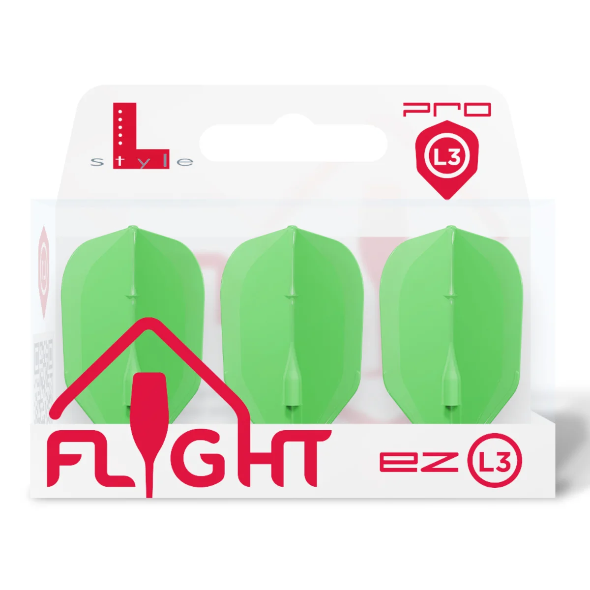 Die Originalverpackung der L-Style EZ L3 Shape Flights in Grün. Enthält 3 Stück der langlebigen, japanischen Profi-Flights mit All-in-One System.