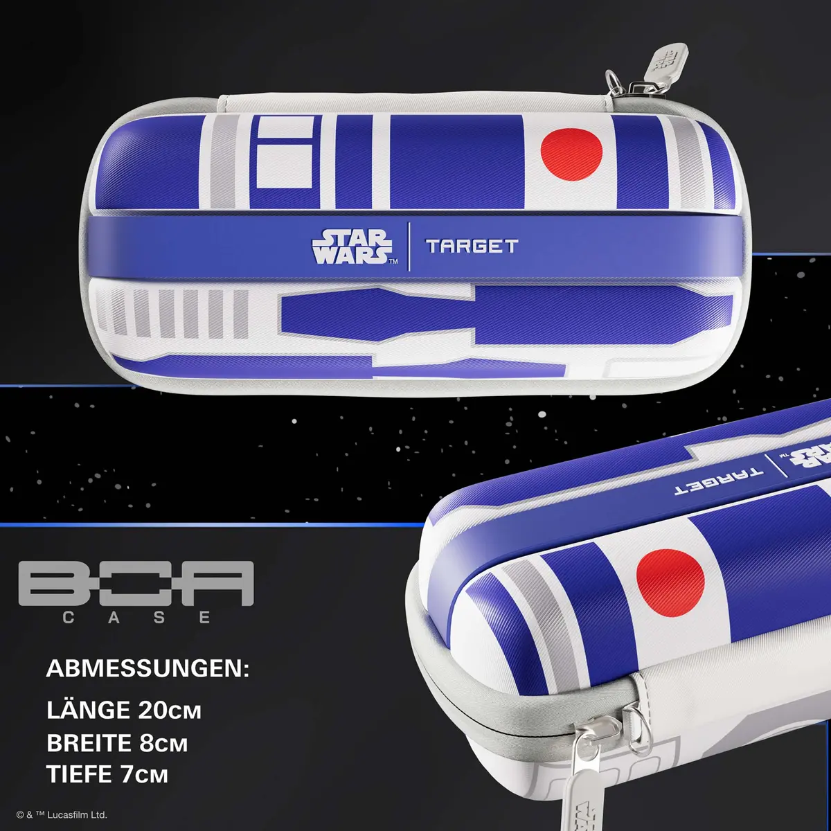 Target Star Wars R2-D2 BOA Dart Wallet mit Abmessungen 20 cm Länge, 8 cm Breite und 7 cm Tiefe.