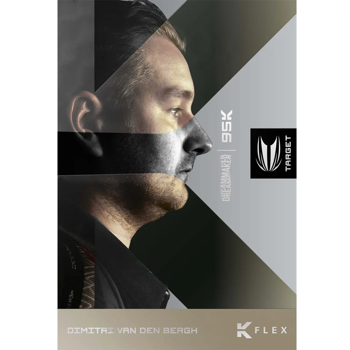Verpackung der Target Dimitri Van den Bergh 95K Swiss Point Steeldarts mit Spielerporträt