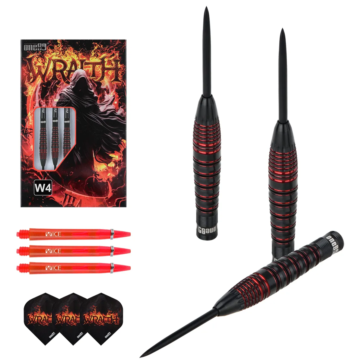 Lieferumfang der One80 Wraith W4 Steeldarts mit Barrels, Shafts und Flights