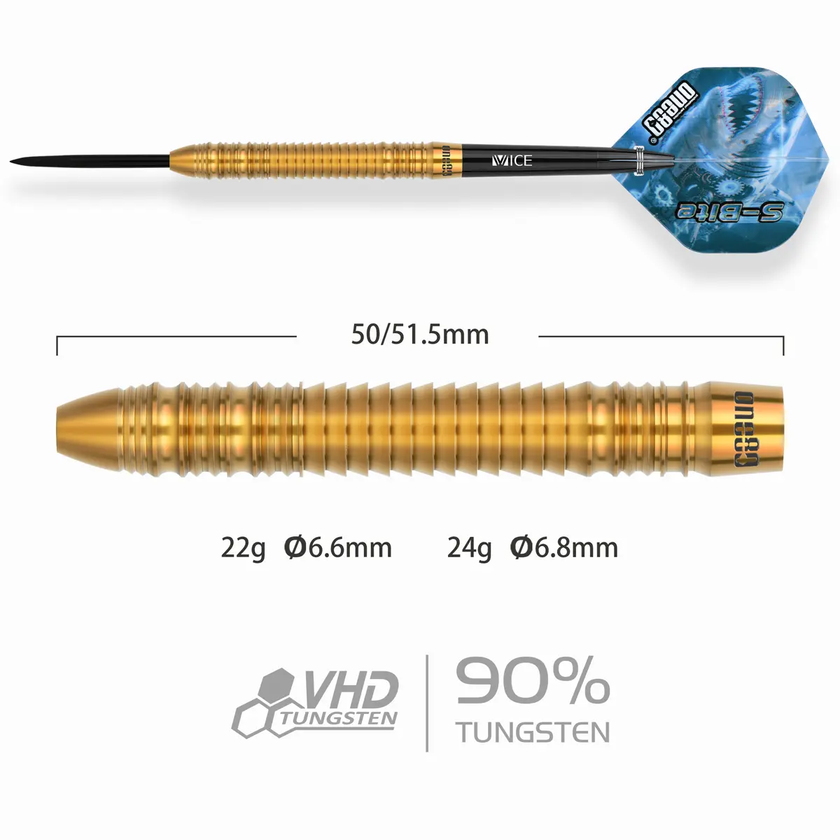 One80 S-Bite S B3 Steeldarts Barrel Details – 22 g und 24 g, 50–51,5 mm Länge, 6,6–6,8 mm Durchmesser, 90 % Tungsten