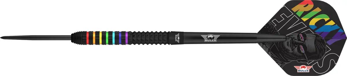 Seitenansicht eines Bull’s NL Ricky Evans 95 % Steeldarts 23 g mit Straight-Barrel und Ricky-Evans-Flight