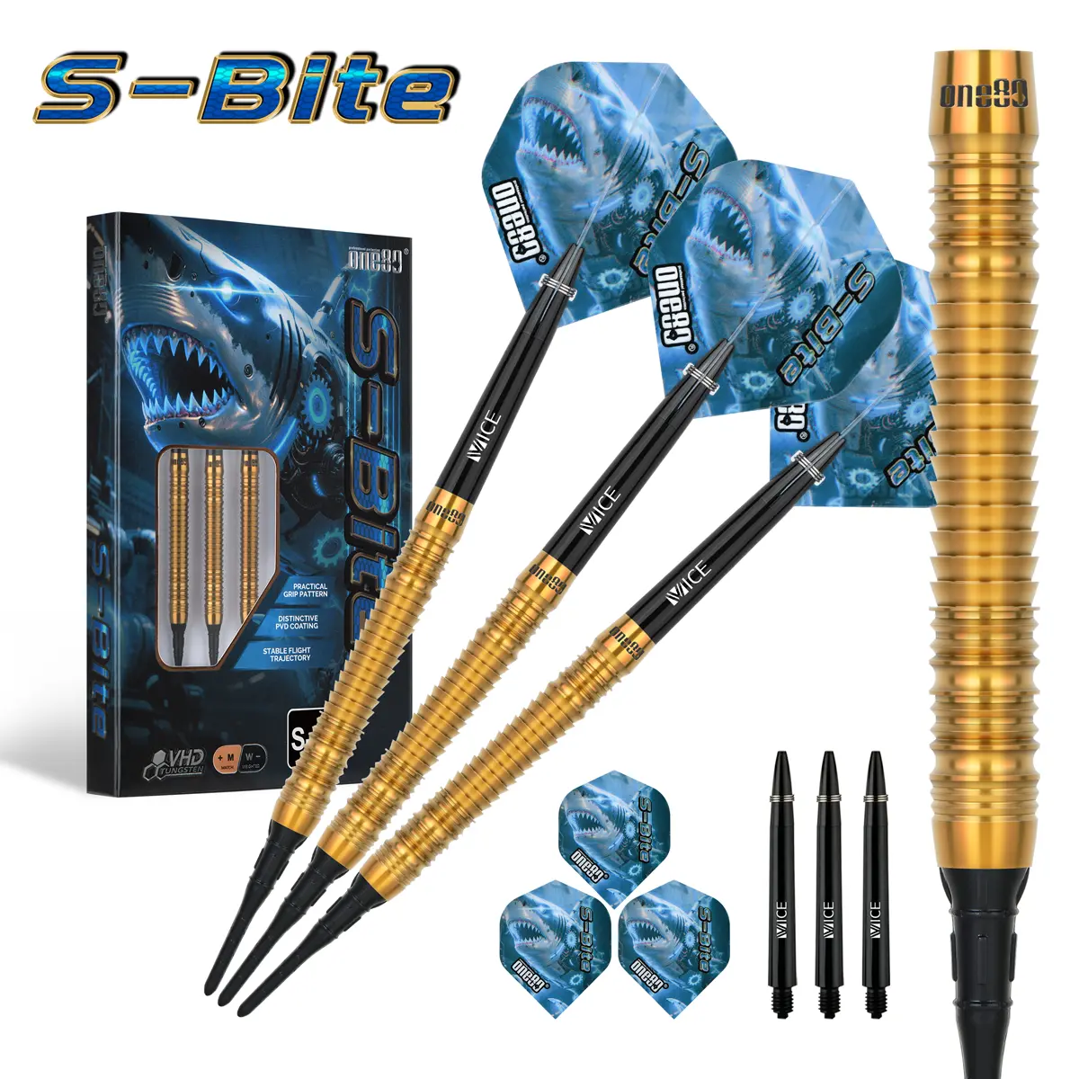 One80 S-Bite S B3 Softdarts mit Verpackung – goldene Tungsten-Barrels, Flights und Shafts
