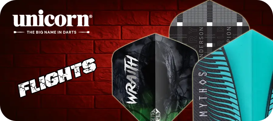 Unicorn Dart Flights Banner mit modernen Flight Designs und markantem Branding