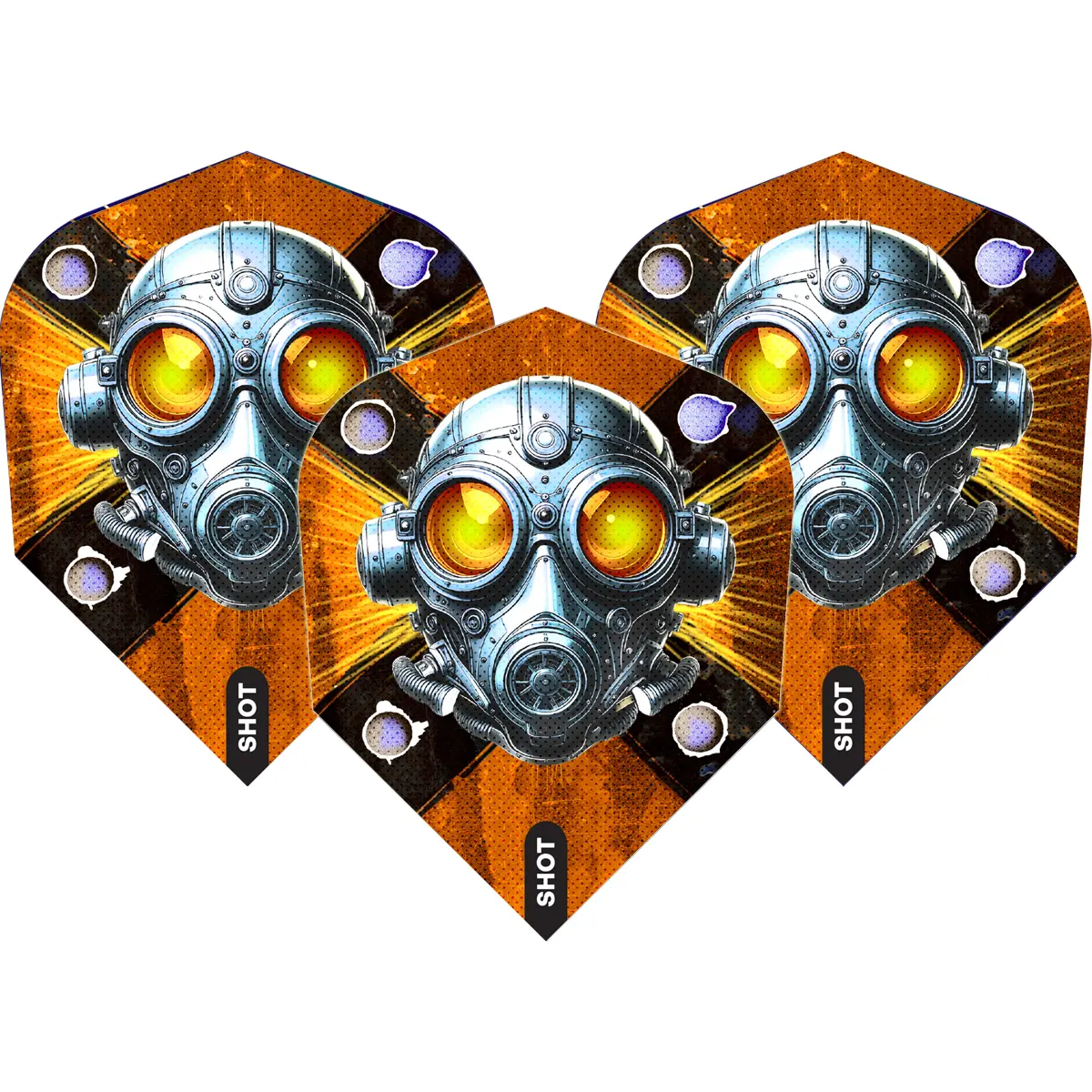 Shot Badlands Rustin Flights No.6 – 3 Stück | Dartgott Shot Badlands Rustin Flights No.6 im Dreierset – Gasmaske-Design auf orange-schwarzem Hintergrund, 100 Micron stark, präzise & stabil