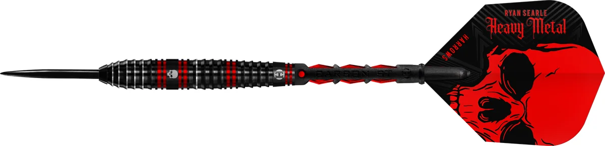 Harrows Ryan Searle 90 % Tungsten Steeldart mit schwarzem Barrel, roten Highlights und Totenkopf-Gravur in der Seitenansicht.