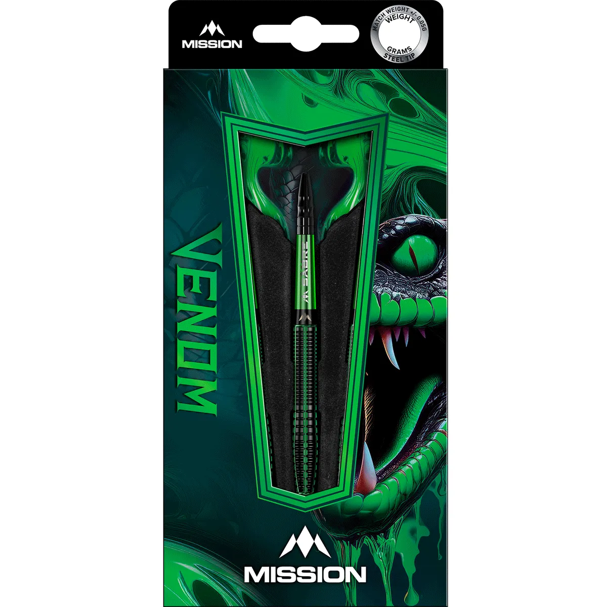 Verpackung der Mission Venom Steeldarts mit grünem Schlangen-Design