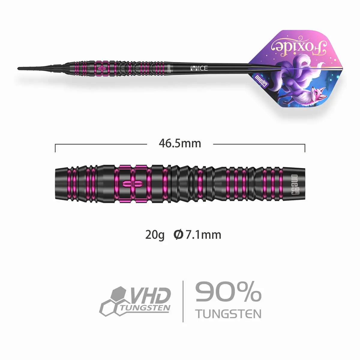 Maßangaben der One80 Foxide F4 Softdarts mit 46,5 mm Barrellänge und 20 g Gewicht